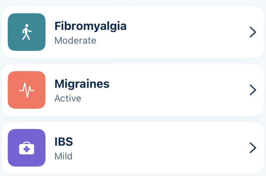 A list of conditions: Fibromyalgia marked moderate, Migraines marked active, and IBS marked mild